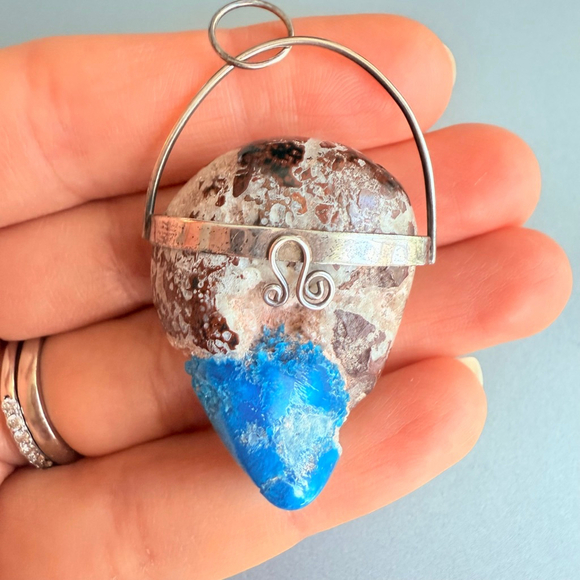 Artisan Large Natural 76.3 CT Cavansite Crystal Sterling 925 Silver Pendant - Picture 7 of 8